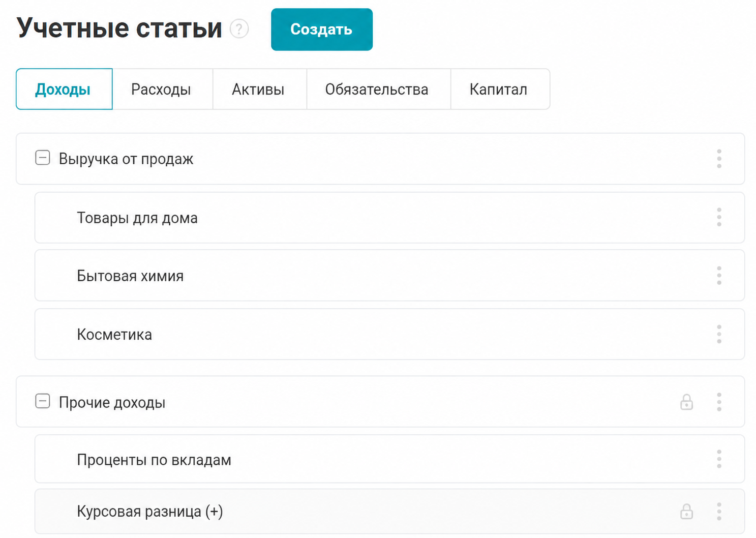 учетные статье в сервисе планфакт