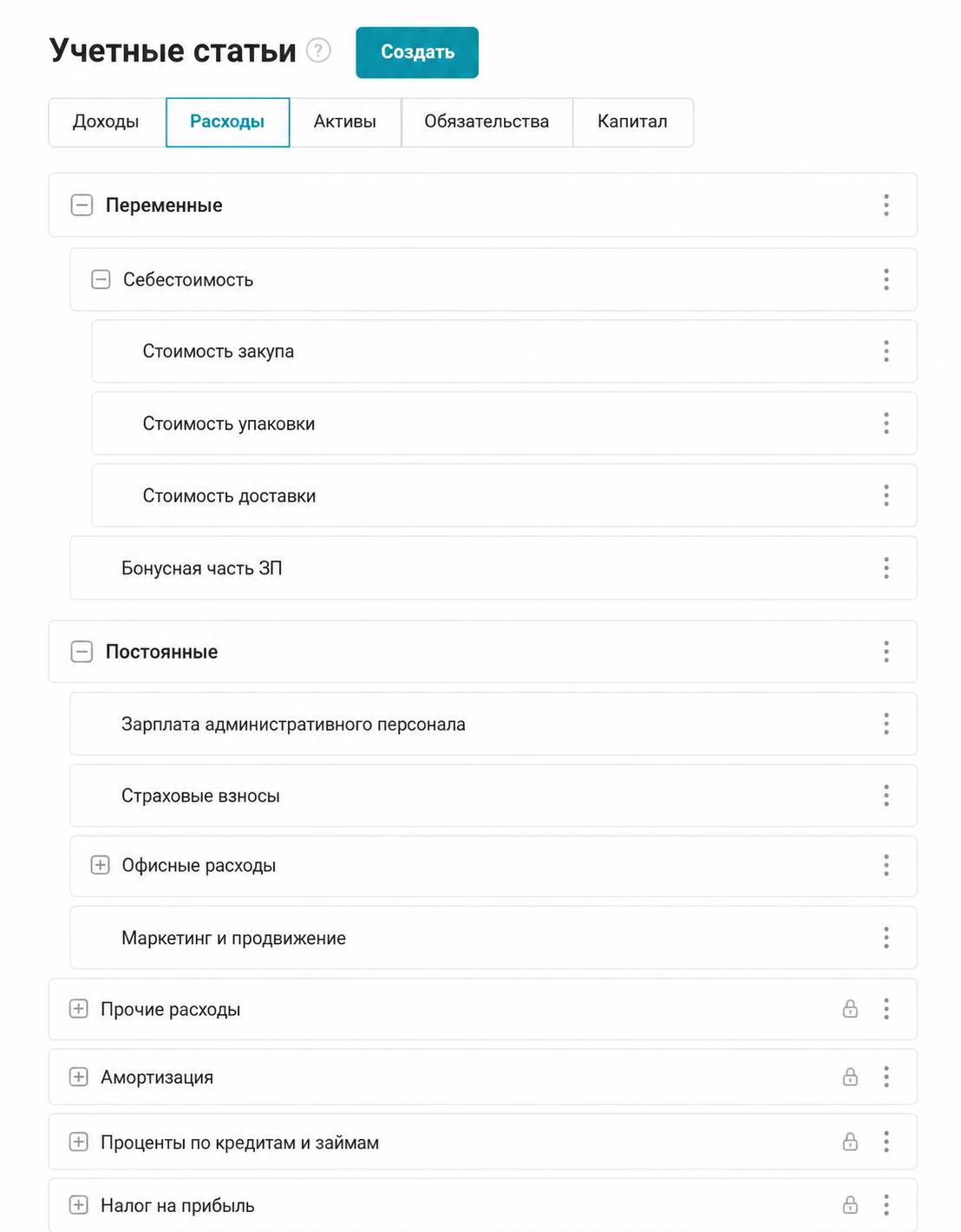 учетные статье в сервисе планфакт 2