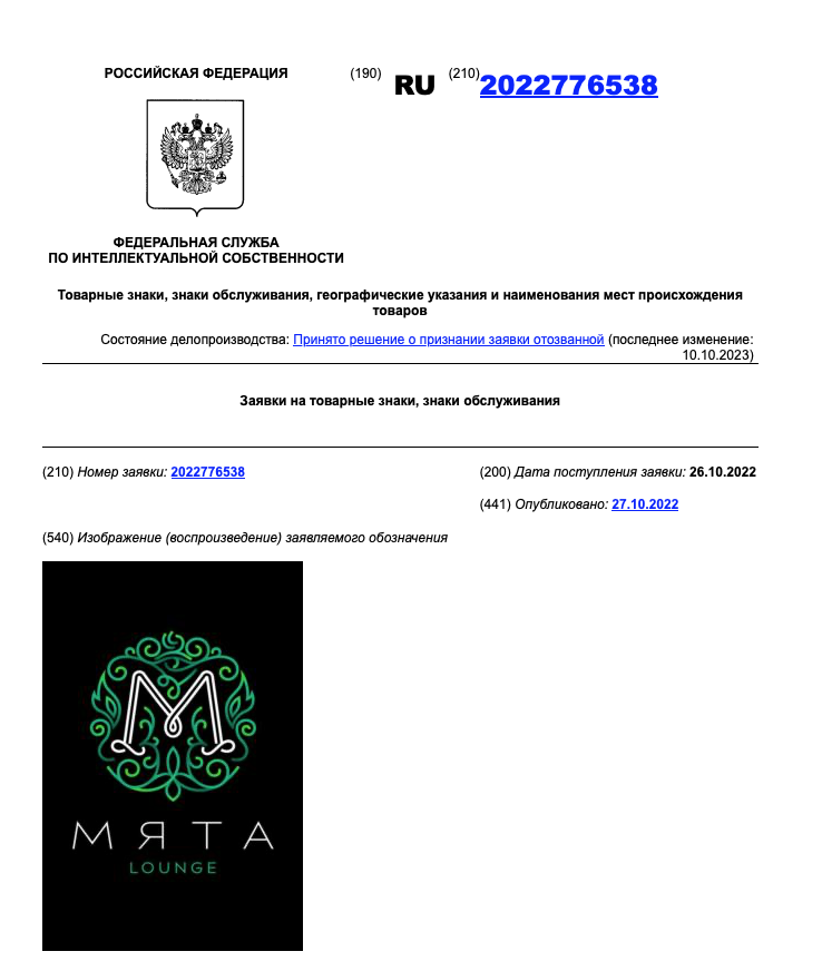 Комбинированный товарный знак «Мята Lounge» в реестре Роспатента