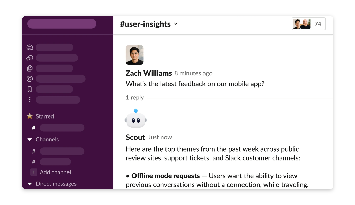 ИИ-агент ChatGPT анализирует отзывы клиентов из корпоративного мессенджера Slack
