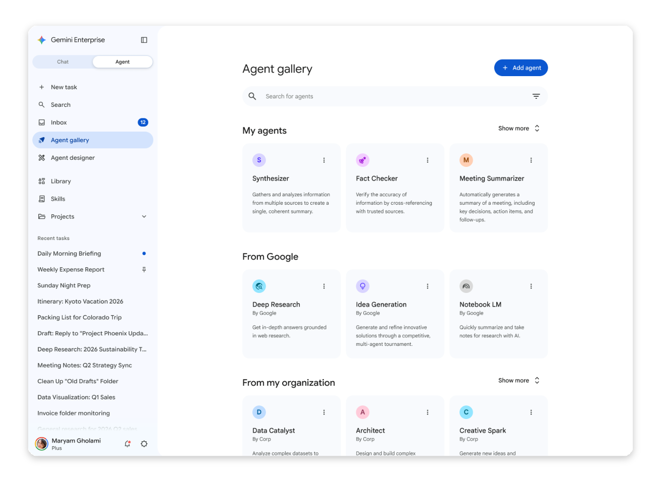 Интерфейс Google Gemini Agents с настроенными виртуальными помощниками для бизнеса