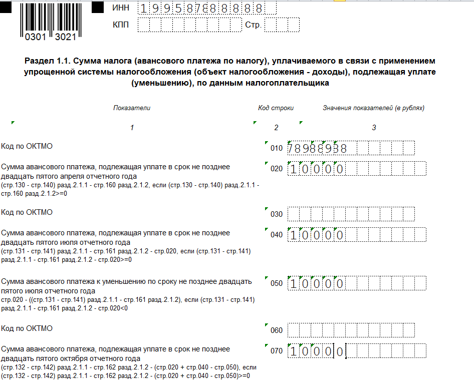 Пример заполнения раздела 1.1